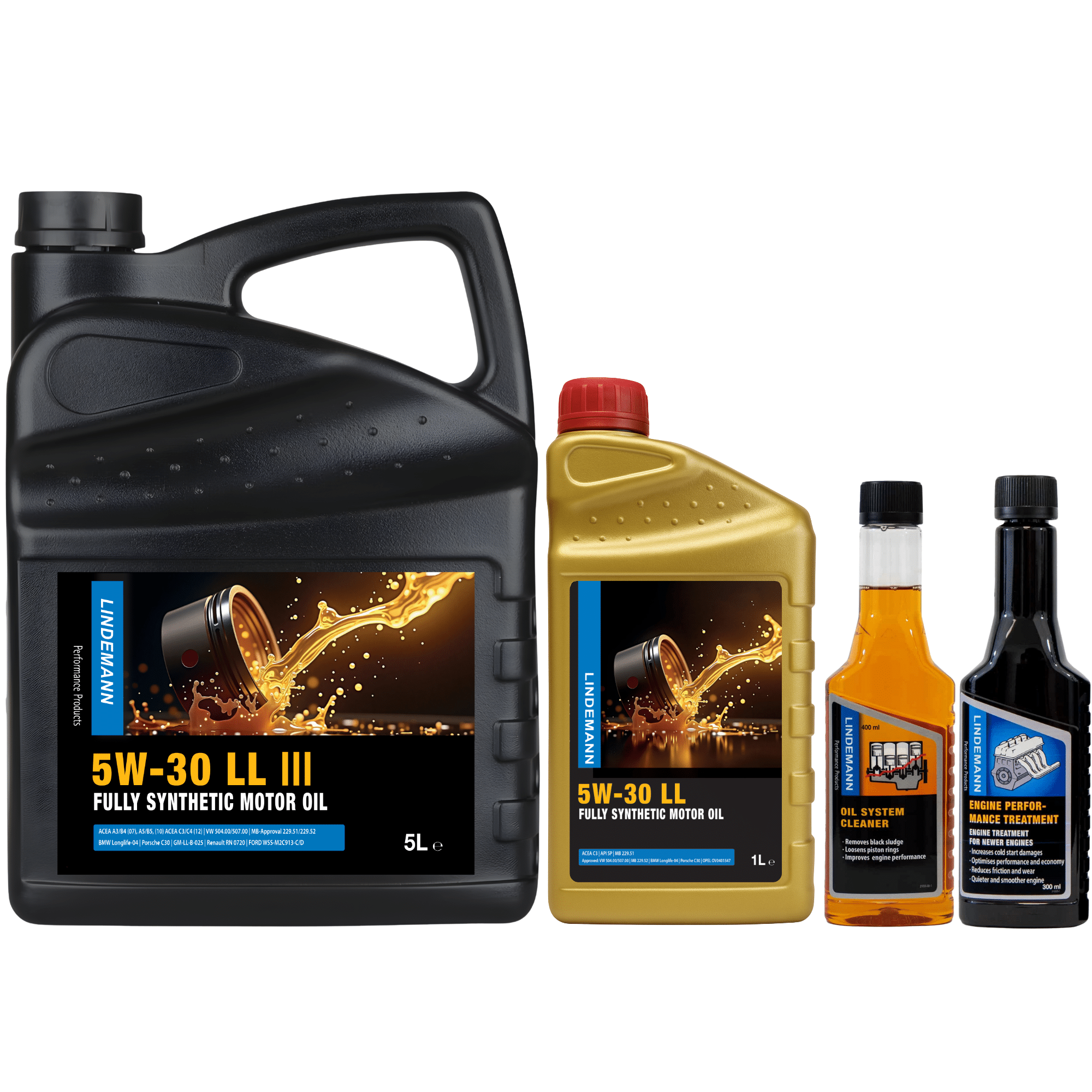 Lindemann Motorolie 5W-30 LL – Onderhouds- en Reinigingsset | C3 | voor oa VW, BMW, Opel | Longlife | Volsynthetisch | Benzine & Diesel