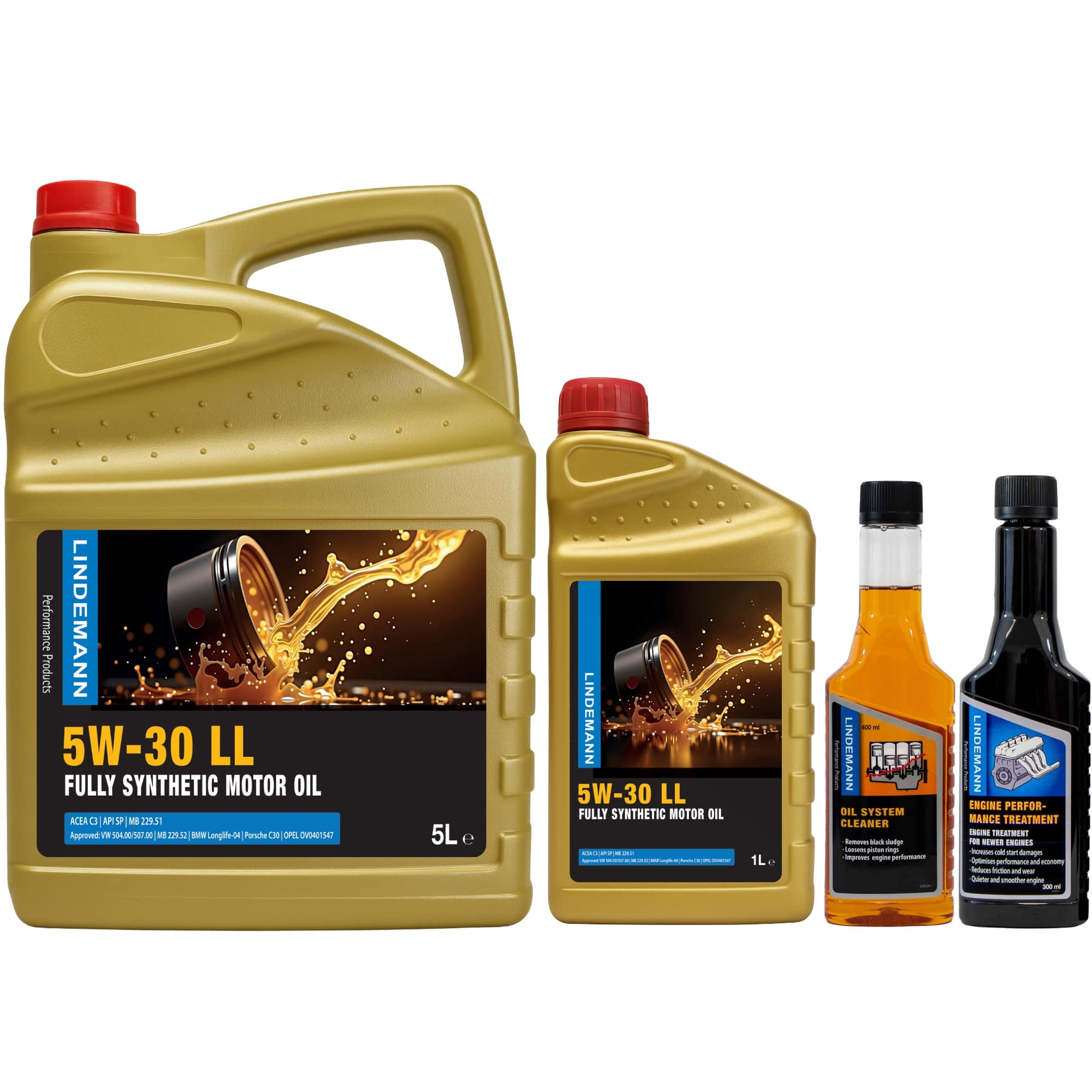 Lindemann Motorolie 5W-30 LL – Onderhouds- en Reinigingsset | C3 | voor oa VW, BMW, Opel | Longlife | Volsynthetisch | Benzine & Diesel
