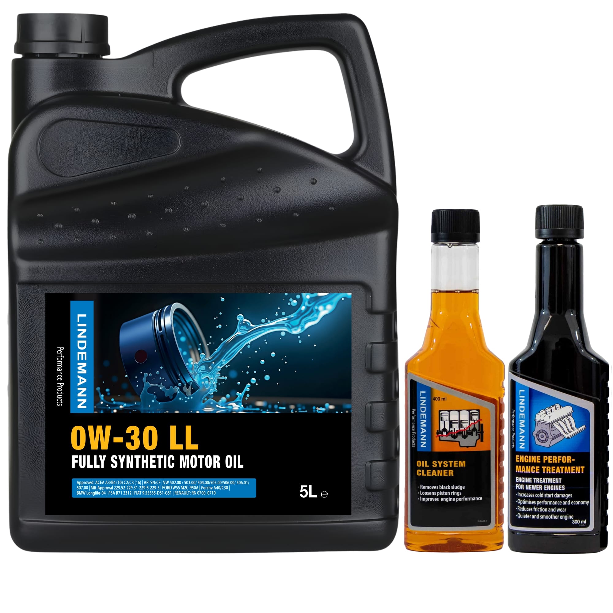 Lindemann Motorolie 0W-30 LL – Complete Onderhouds- & Reinigingsset | C3 | voor oa VW, BMW, Opel | Longlife | Volsynthetisch | Benzine & Diesel